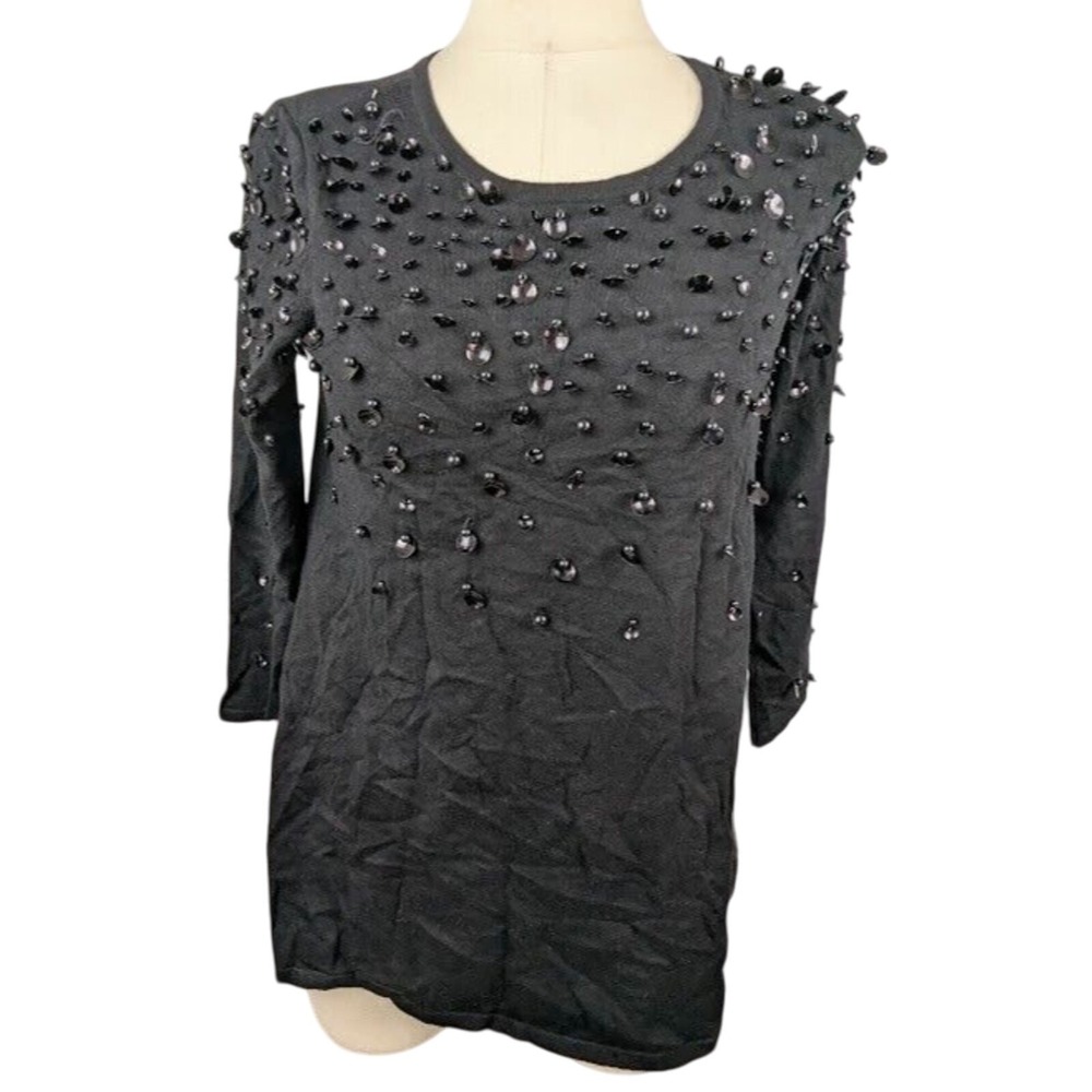 Alfani Womens Embellished Long Sleeve Pullover Swing Sweater Black Size XS *FLAW